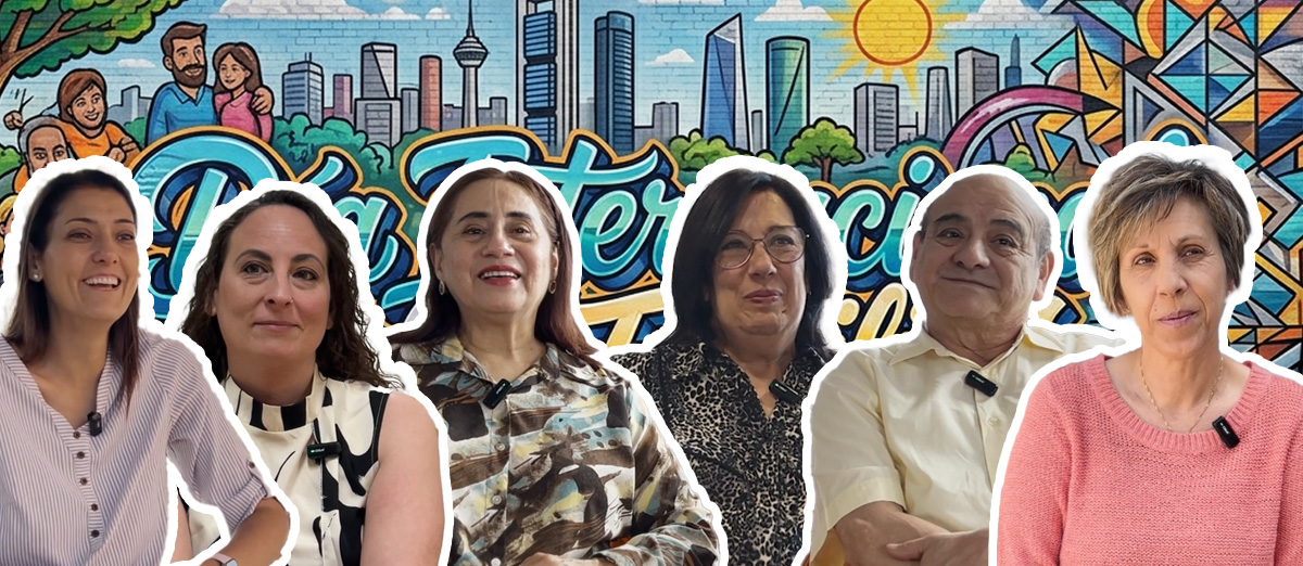 REcortes de las familias protagonistas de la formación sobre fondo urbano del perfil de Madrid